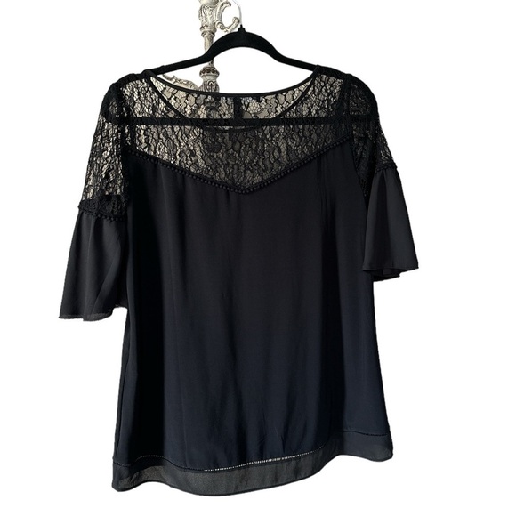 White House Black Market blouse black lace embellished small short sleeve - Picture 4 of 10